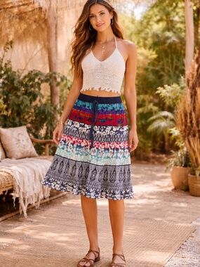 Angie Women PullOn Midi Skirt Small Dark Floral Boho Cottagecore Hippie Festival